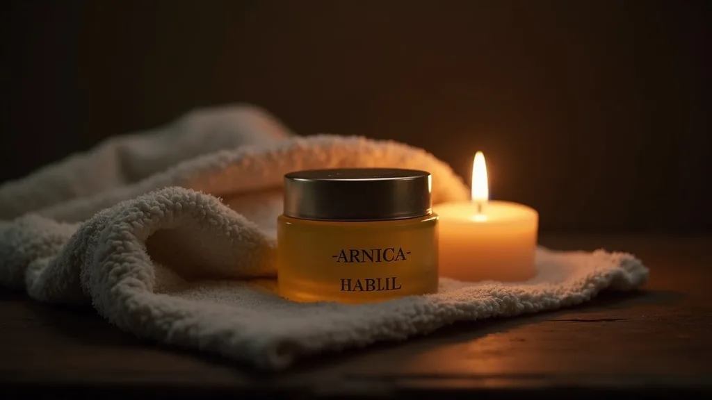pot de baume d arnica ouvert pres d une serviette douce pliee sur bois sombre a Rennes
