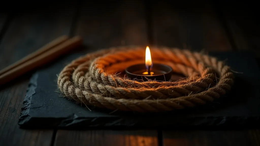corde de shibari en jute lovée en spirale sur ardoise sombre a Rennes